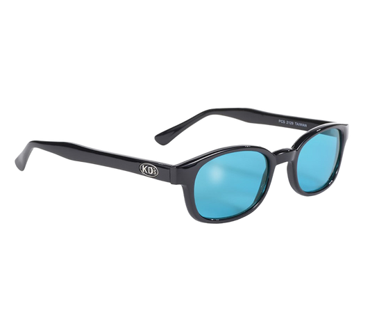 KD's 2129 zonnebril met klassiek zwart montuur en turquoise glazen