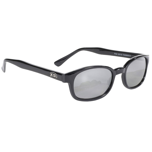 KD's 20110 zonnebril met zilveren spiegeleffectglazen op een klassiek zwart montuur