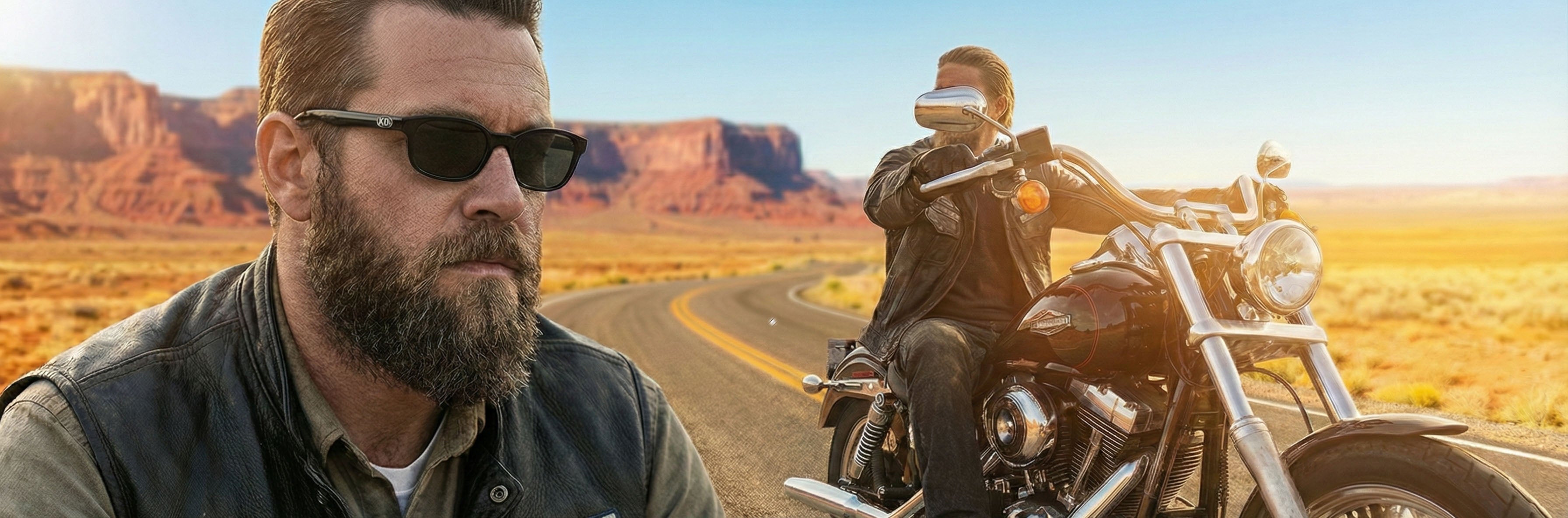 Lunettes moto vintage KDS portées sur route ensoleillée – style biker outdoor